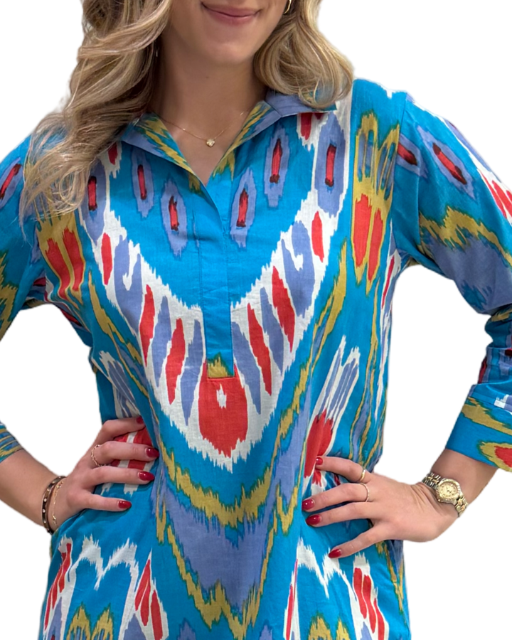 The Lisette Cotton Dress in Turquoise Red Ikat — view 4