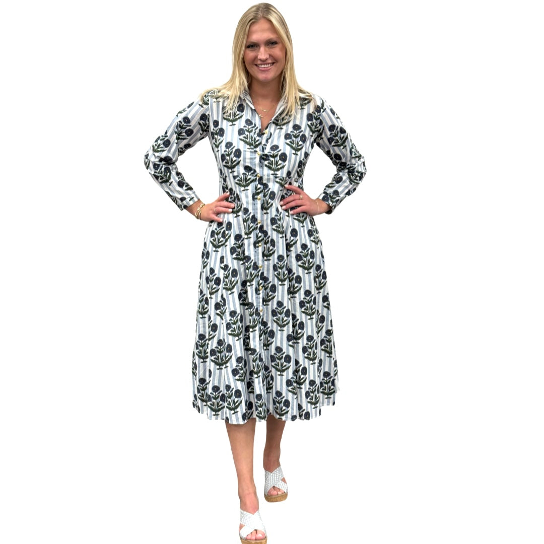 The Marion Cotton Hand Block Button Front Dress in Striped Slate Blue Floral