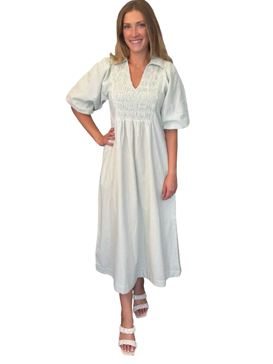 The Joanie Smocked Dress in Green and White Stripe