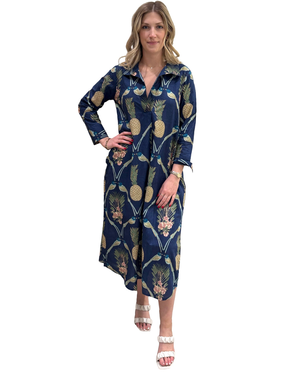The Holland Long Shirt Dress in Navy Pineapple Bird Print — view 2