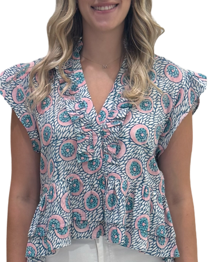 The Bella Ruffle Trim Top in Aqua Pink Hand Block — view 7