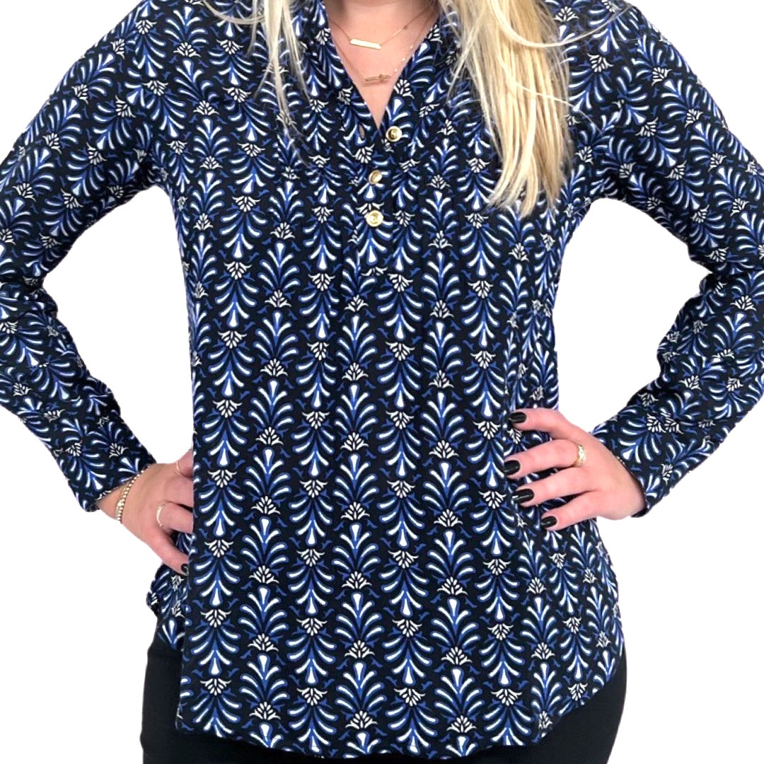 The Avery Button Front Top in Black and Blue Rayon Crepe — view 3