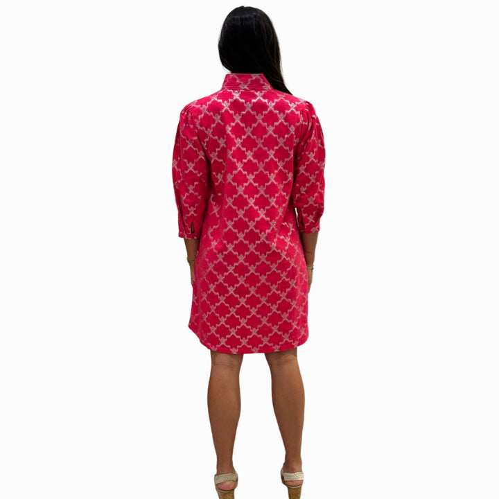 The Shipley Stand-Up Collar Dress in Hot Pink and Silver — view 7