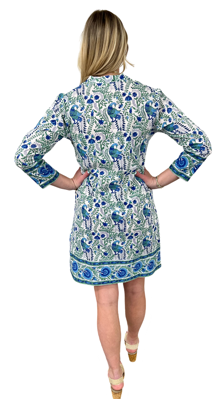 The Brie Cotton Block Print Dress in Green and Blue Floral Bird Print — view 6