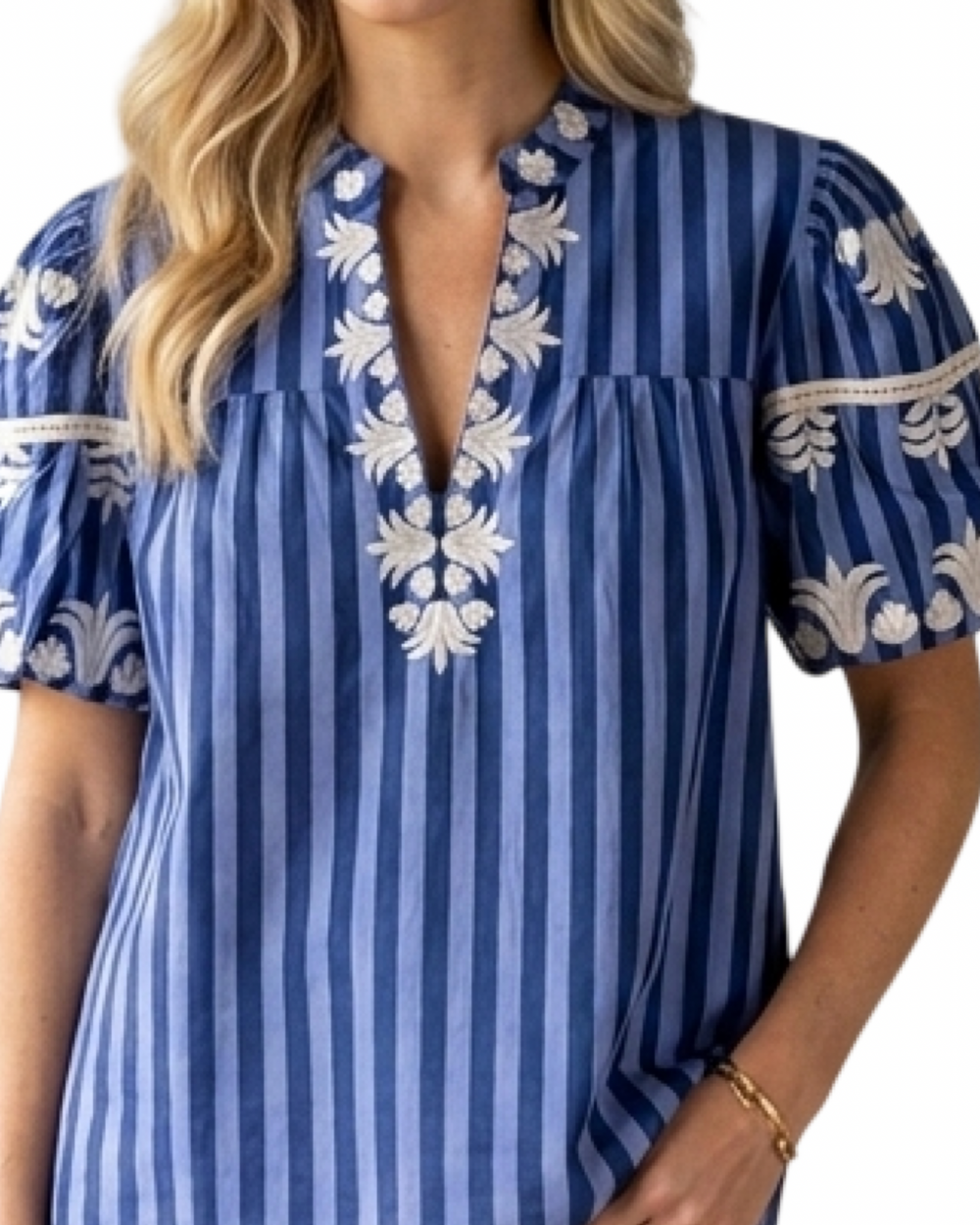 The Kelly Embroidered Cotton Top in Blue Stripe — view 2