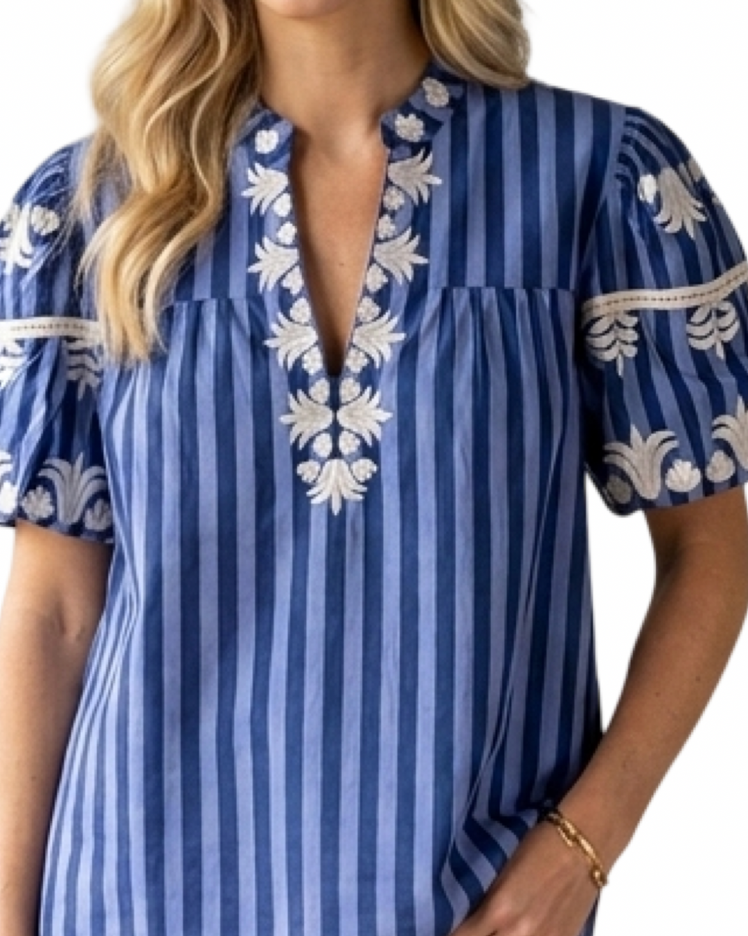 The Kelly Embroidered Cotton Top in Blue Stripe — view 2
