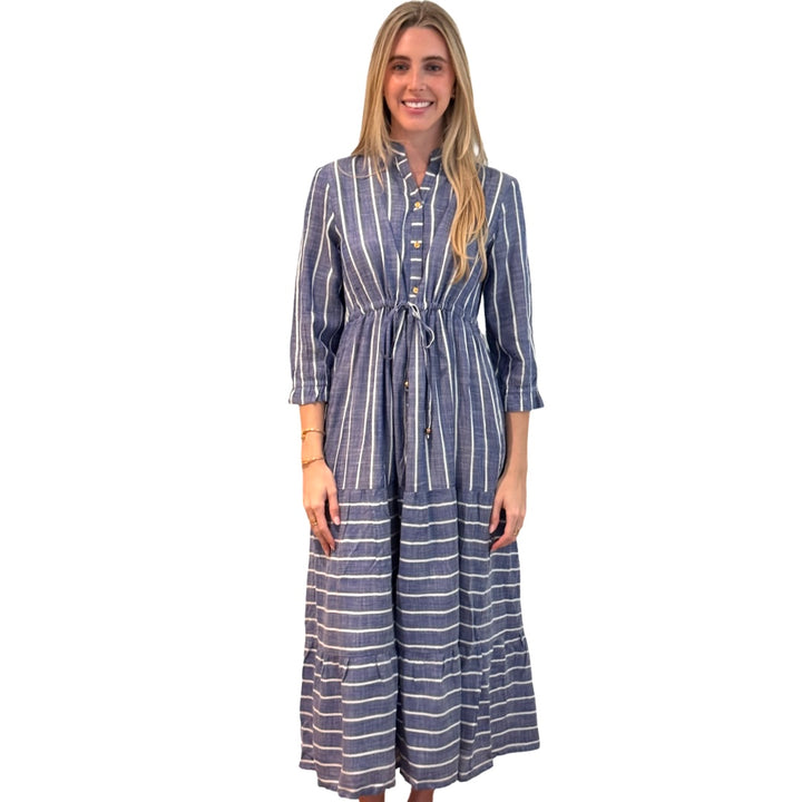 The Hamilton Chambray Stripe Tie Waist Dress in Blue and White — view 8