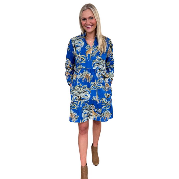 The Marnie Cotton Jungle Print Dress in Brilliant Blue — view 2