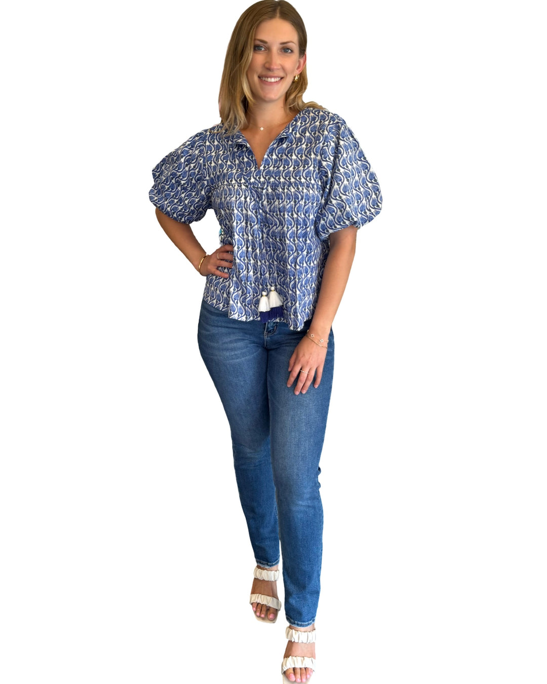 The Poppy Puff Sleeve Top in Blue White Floral Hand-Block Printed Cotton — view 6