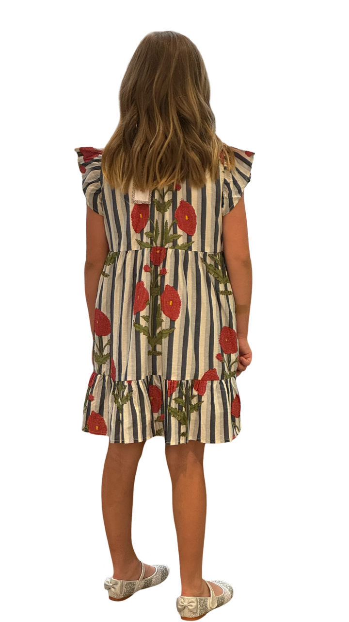 The Tinley Hand Block Printed Girls Dress in Grey Blue Striped Floral — view 3