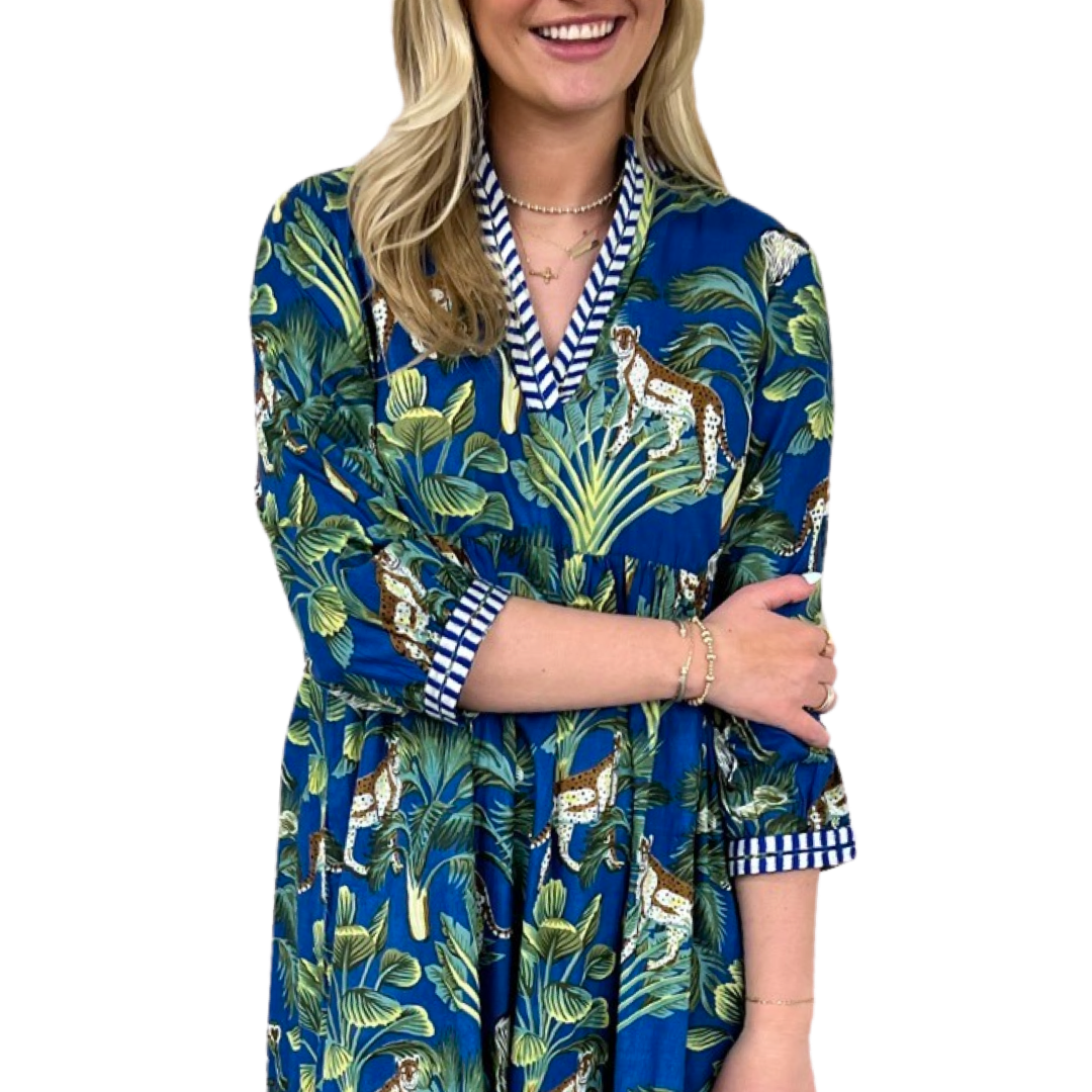 The Morley Jungle Print Cotton Embroidered Trim Dress in Blue — view 4