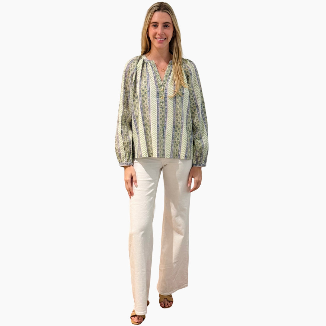 The Chandler Cotton Top in Light Green Hand Blocked Chevron Floral — view 6