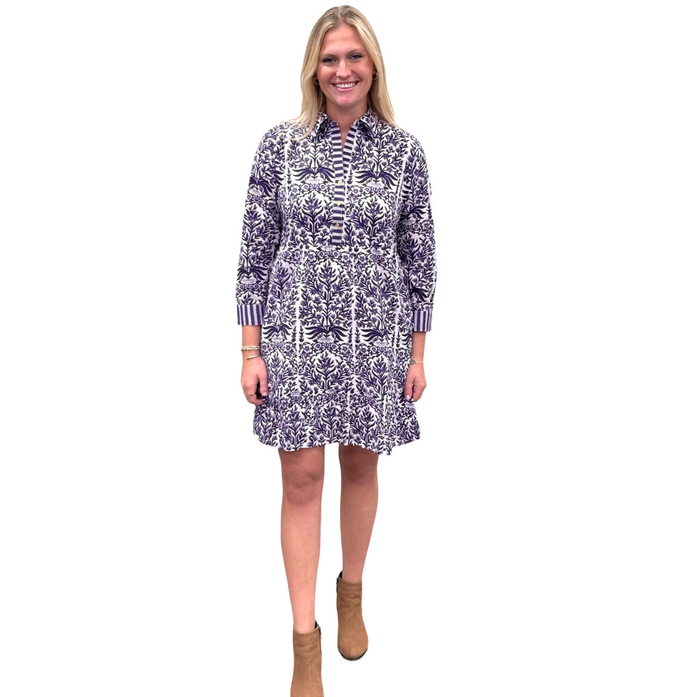 The Reagan Block Print Dress in Amethyst and White — view 2
