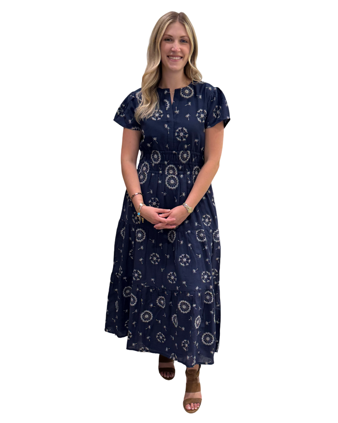 The Sydney Long Cinch Waist Dress in Blue White Embroidered Floral — view 4