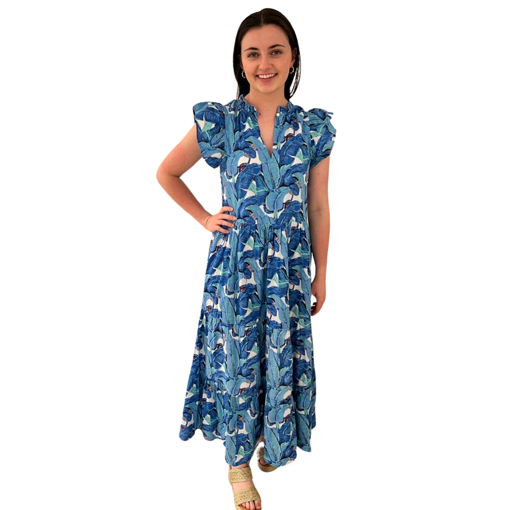 The Tinley Long Length Dress in Blue Palm Leaf Block Print — view 2