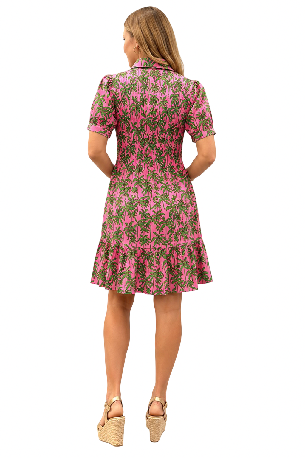 The Tasha Pink and Green Palm Print Smocked Dress