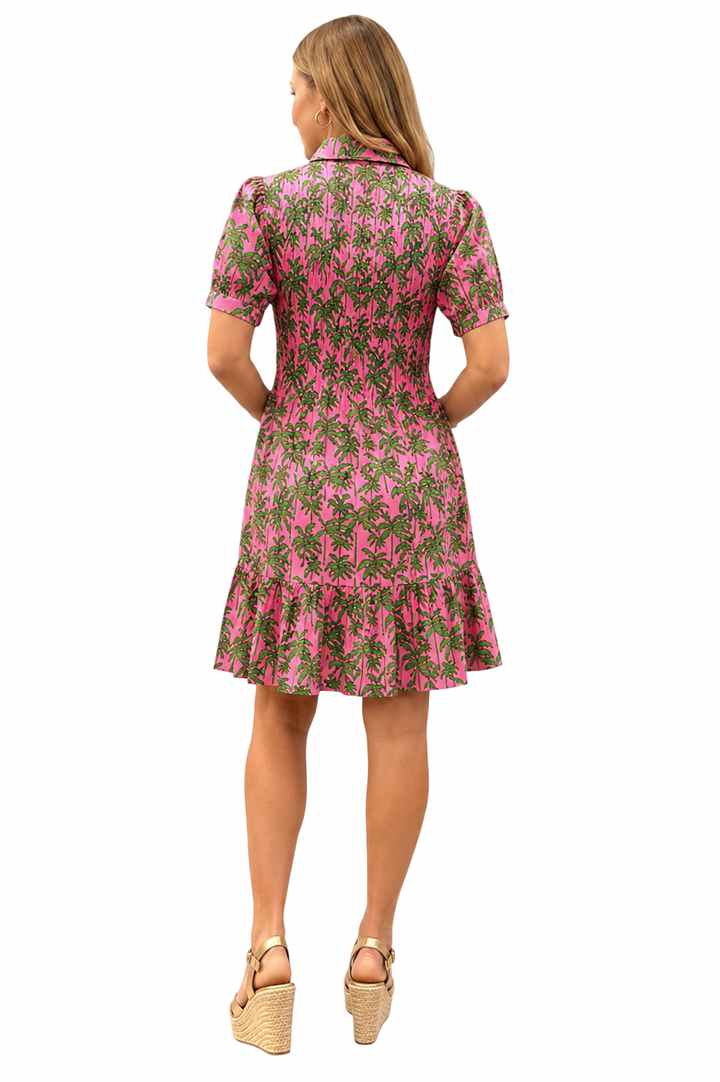 The Tasha Pink and Green Palm Print Smocked Dress
