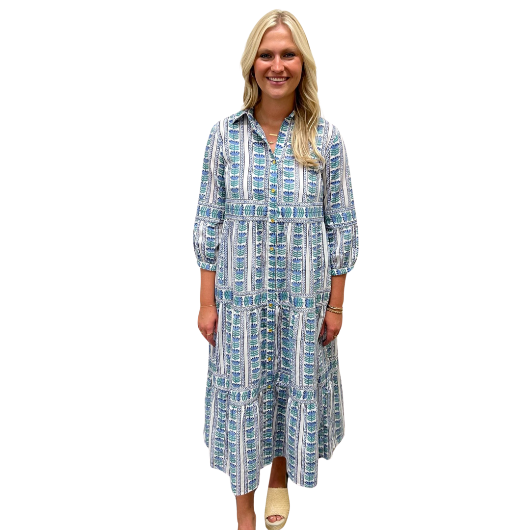 The Marilyn Cotton Button Front Blue Border Block Print Dress — view 6