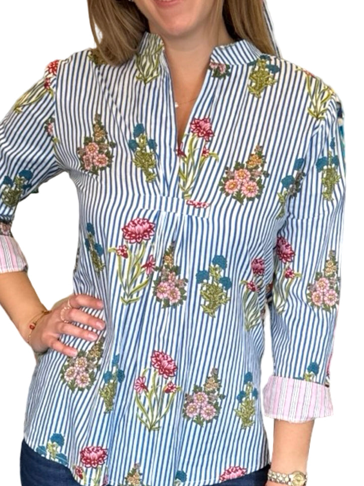 The Eloise Cotton Hand Block Printed Top in Blue Striped Floral