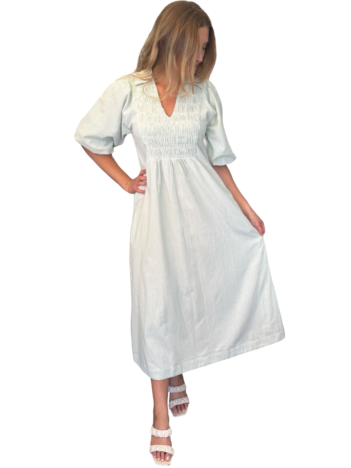 The Joanie Smocked Dress in Green and White Stripe