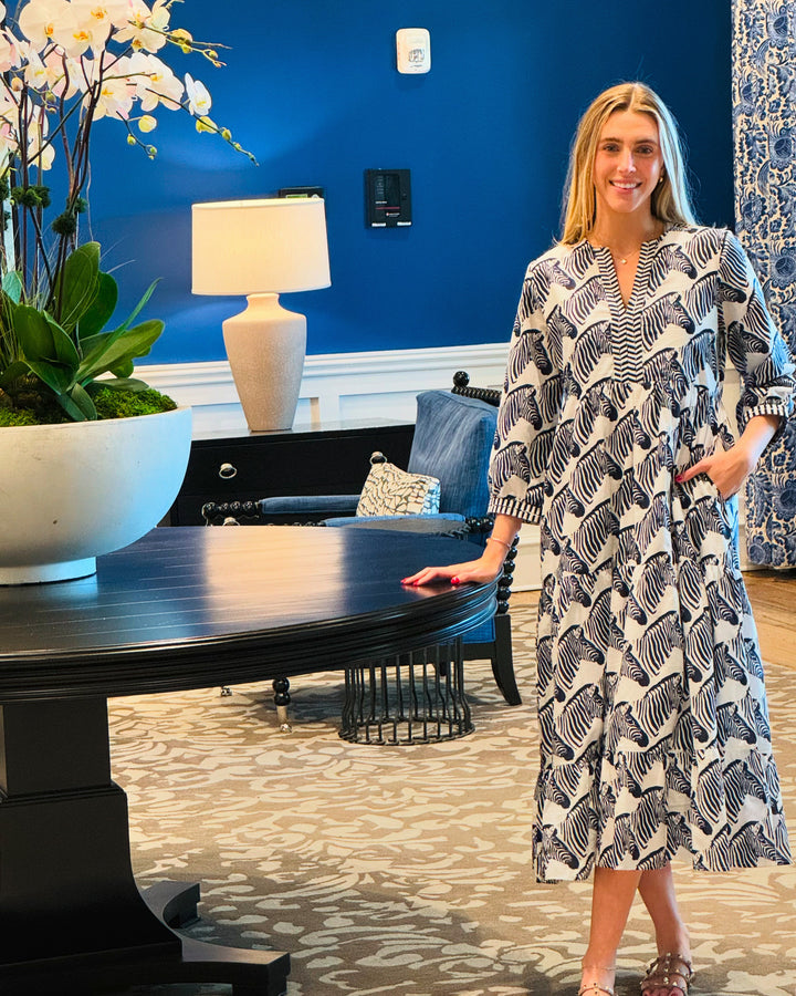 The Daniella Zebra Print Embroidered Trim Midi Dress in Navy — view 6