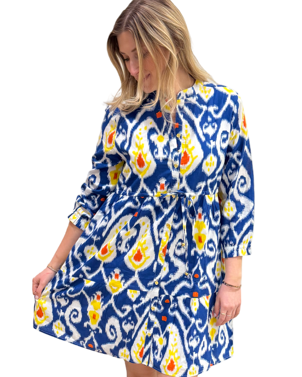 The Hamilton Tie Front Dress in Blue Cotton Ikat — view 2