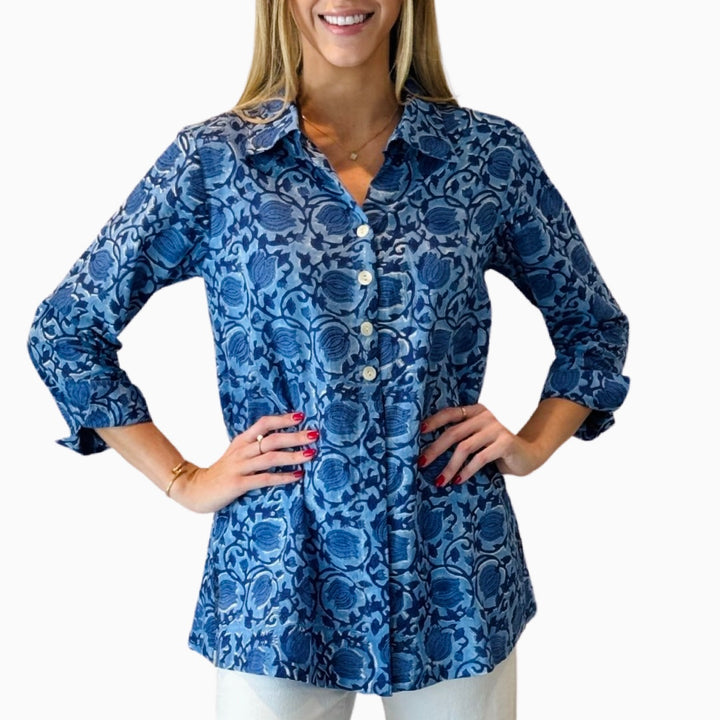 The Mason Button Back Cotton Block Print Top in Periwinkle and Blue — view 8