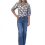 The Tricia Ruffle Trim Top in Grey Blue Leaf Print