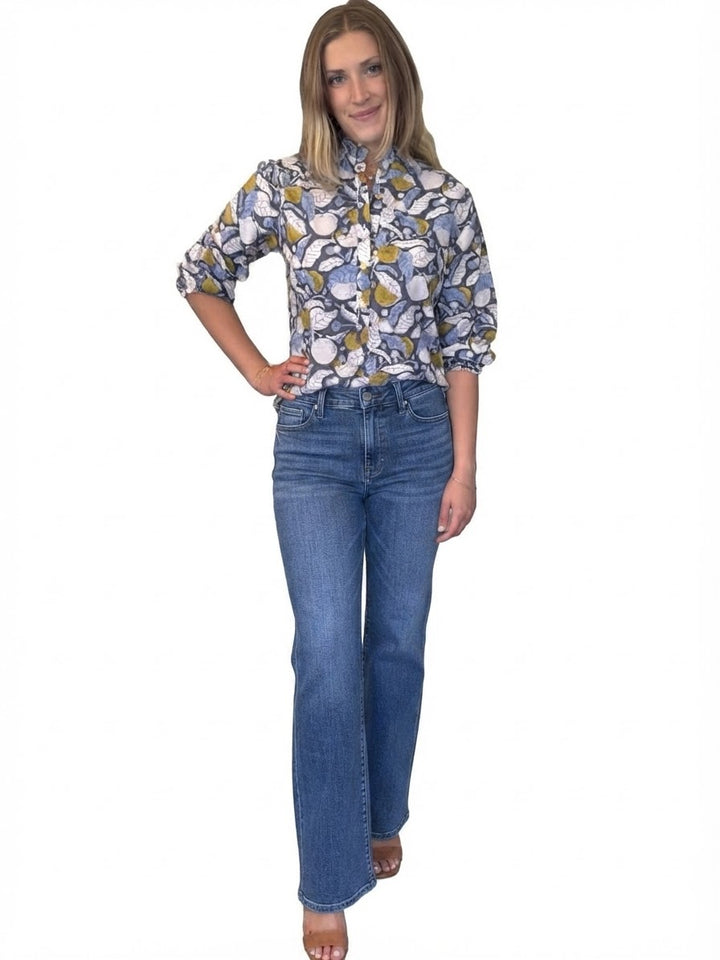The Tricia Ruffle Trim Top in Grey Blue Leaf Print