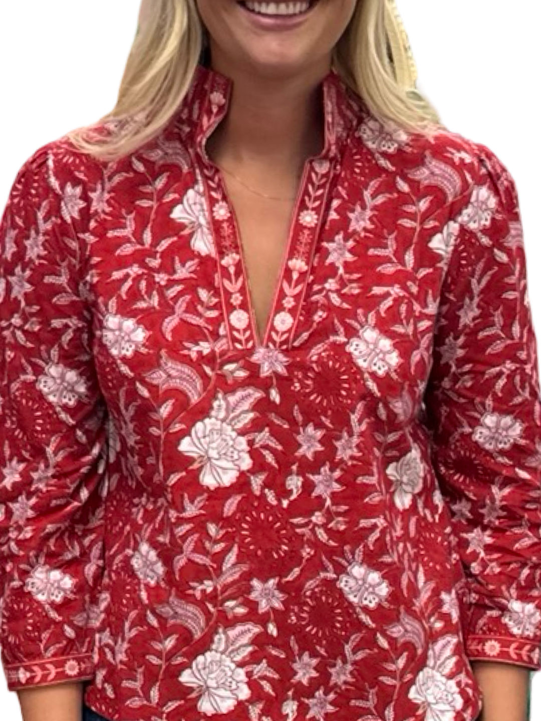 The Missy Hand Block Printed Floral Top in Red