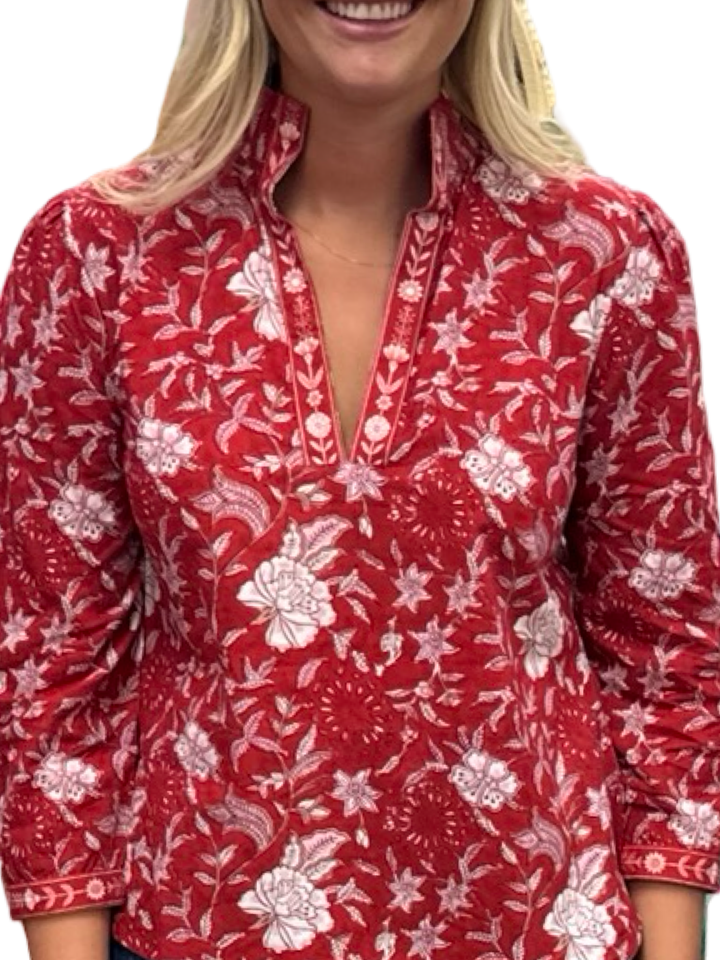 The Missy Hand Block Printed Floral Top in Red