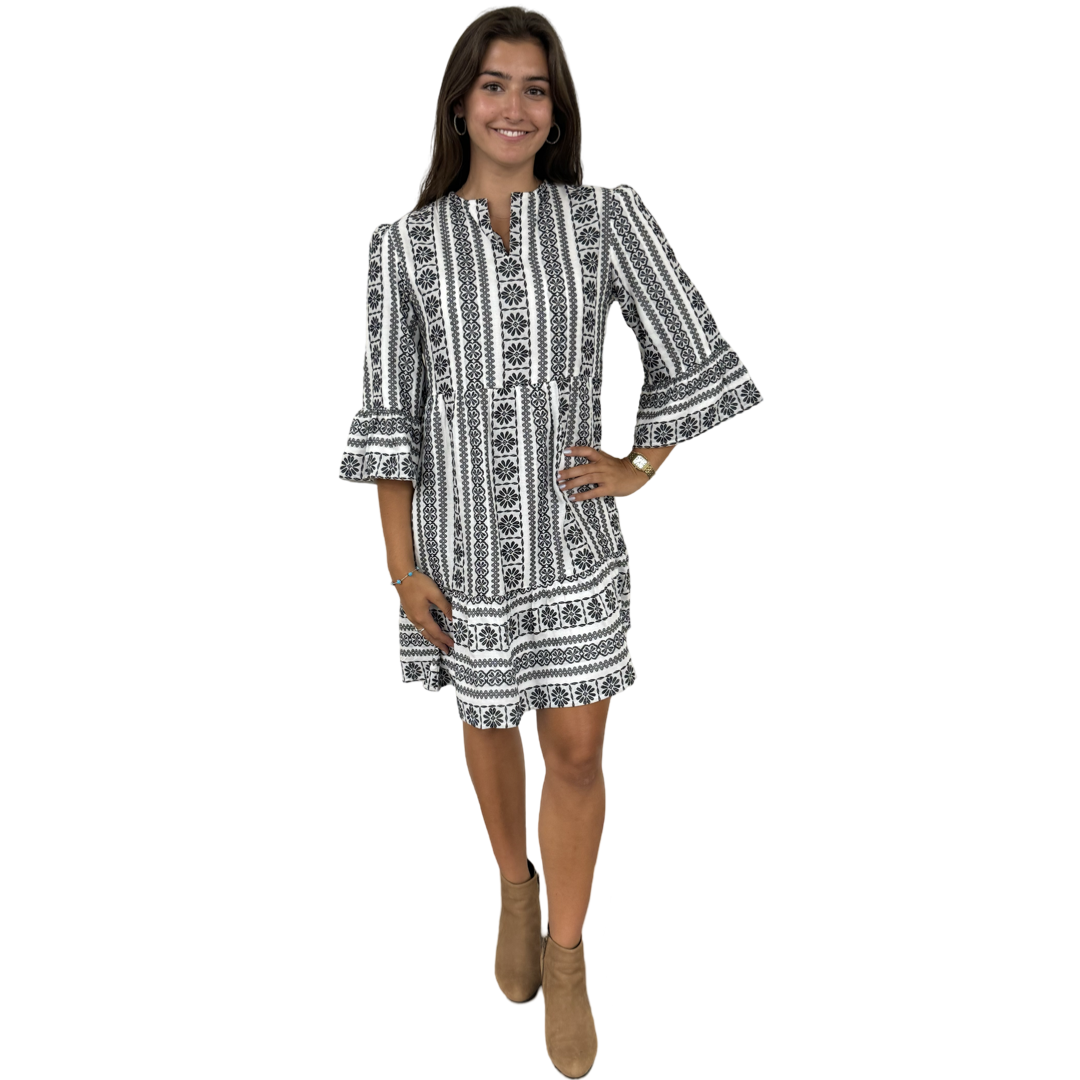 The Alexandra Black and White Jacquard 3/4 Sleeve Dress