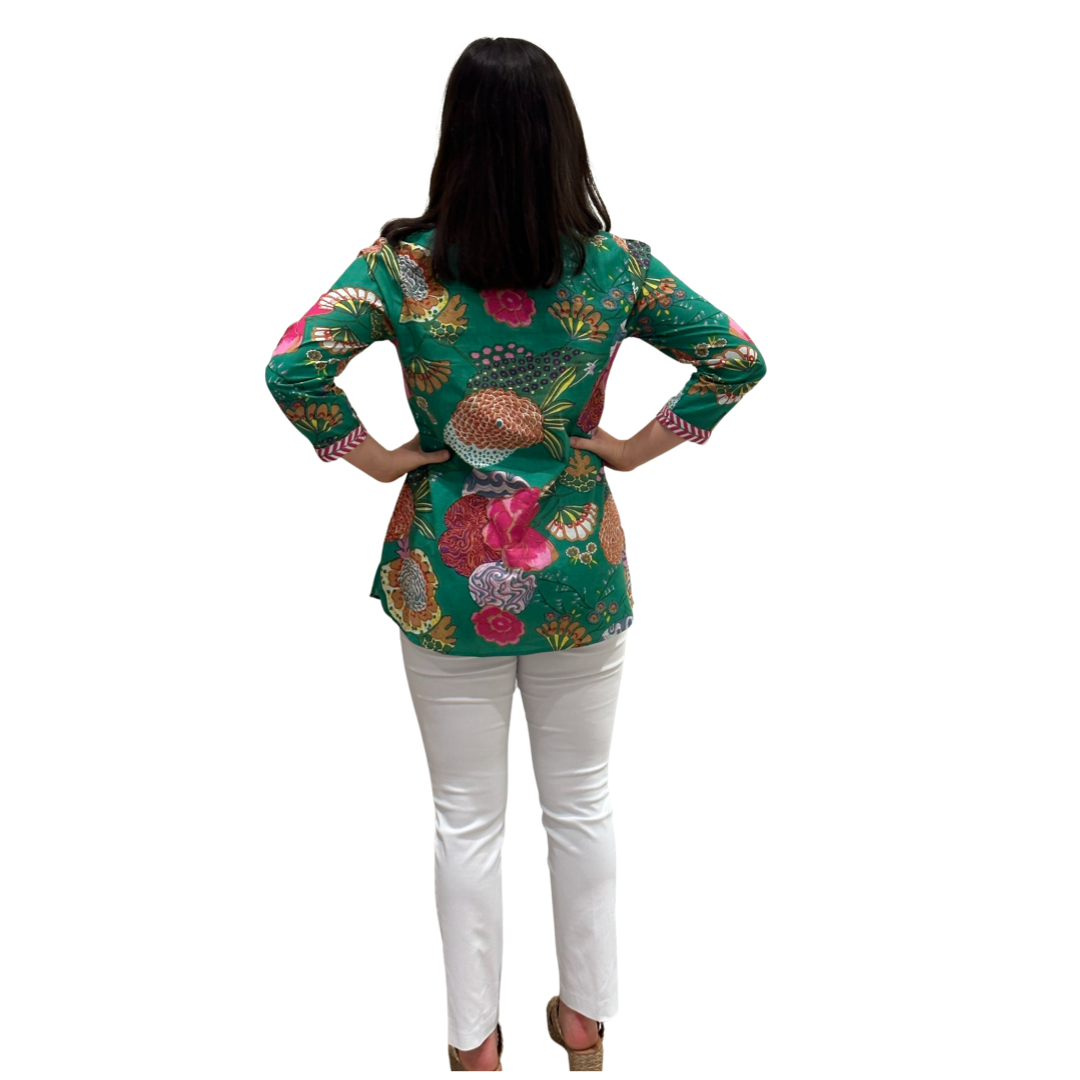 The Brie Floral Printed Cotton Tunic in Jade — view 5