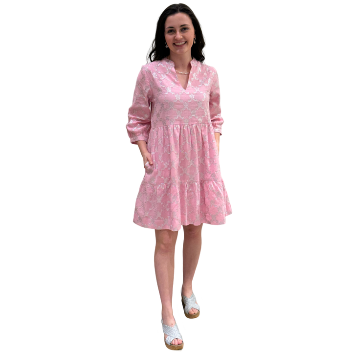 The Preston Metalic Jaquard Dress in Soft Pink and Silver — view 2