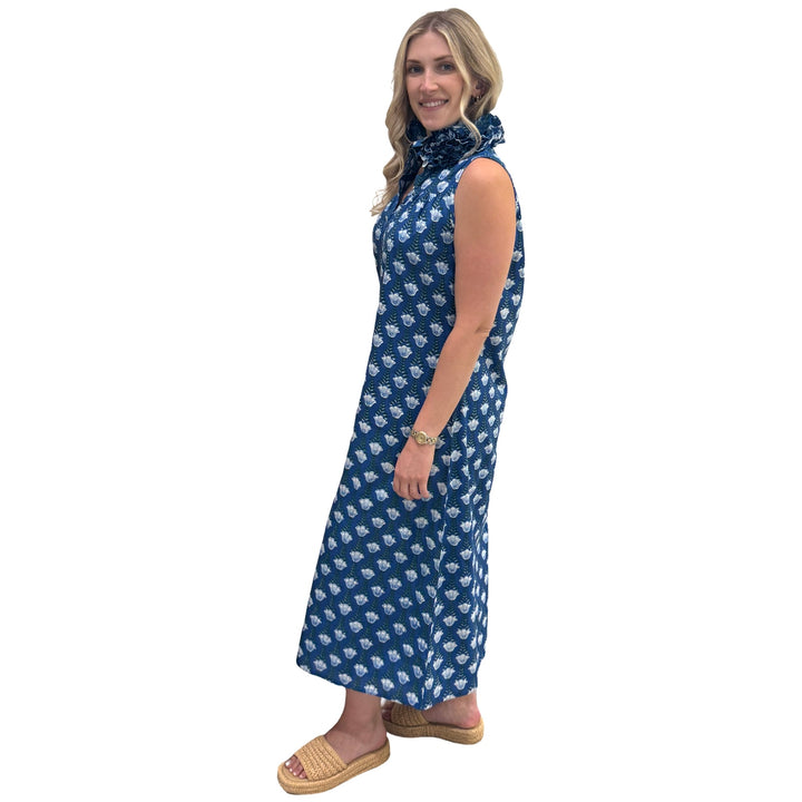 The Newport Ruffle Collar Long Dress in Blue Hand Blocked Floral — view 2