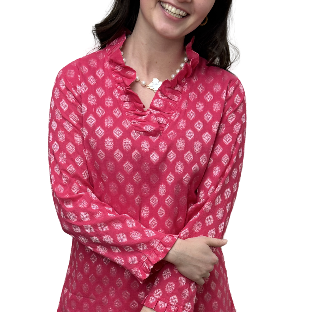 The Daley Ruffle Neck Collar Tunic Top in Pink and White — view 6