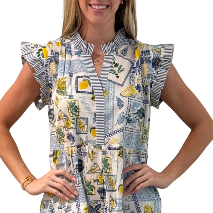 The Campbell Cotton Flutter Sleeve Dress in Blue Lemon Patch Print — view 4