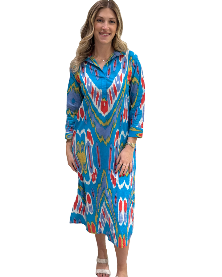 The Lisette Cotton Dress in Turquoise Red Ikat — view 3