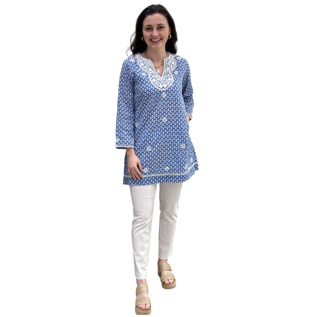 The Key Largo Tunic in Blue and White Petite Floral Hand Blocked