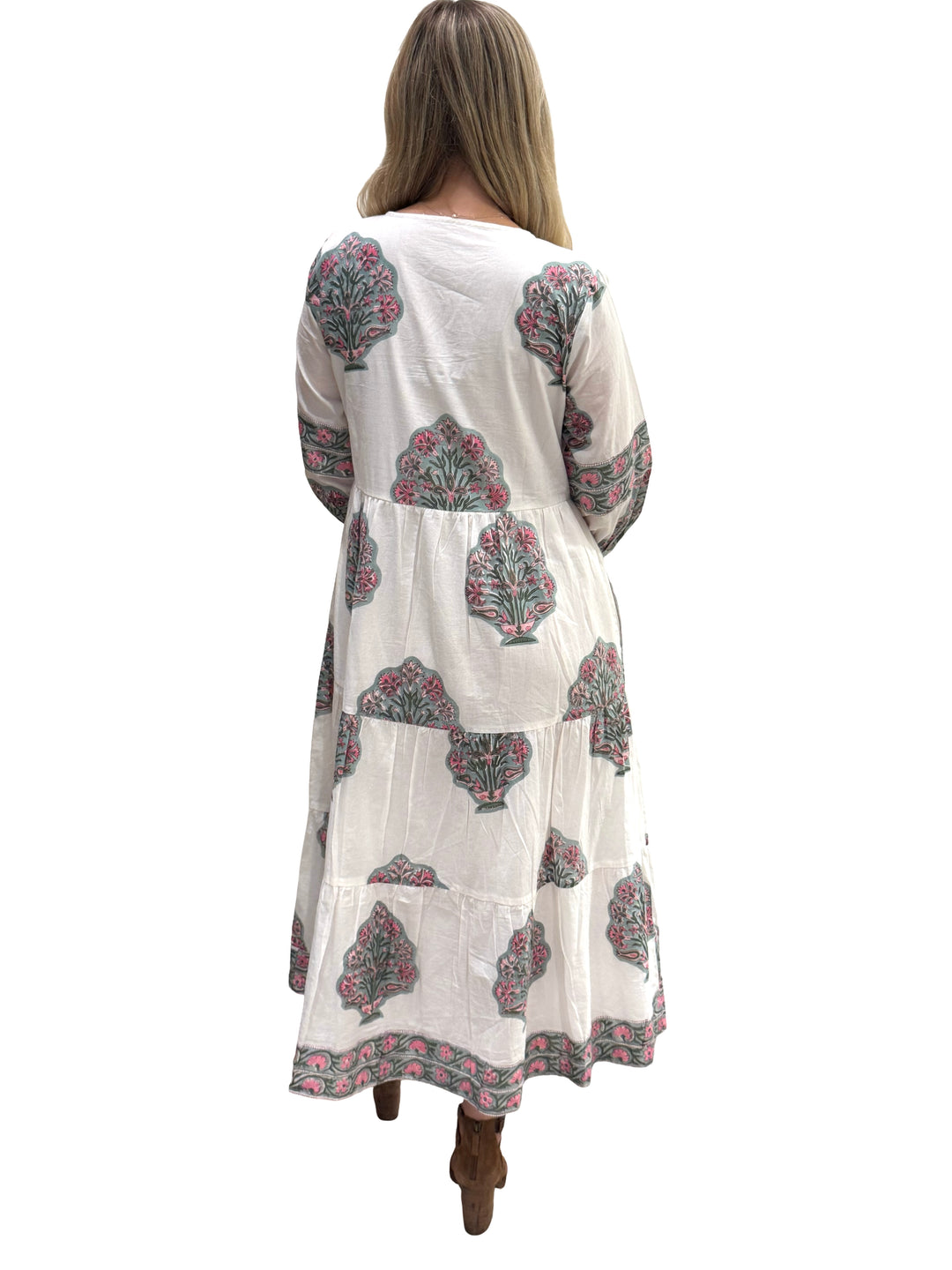 The Evie Long Length Hand Block Printed Dress in Aqua Pink and White — view 4
