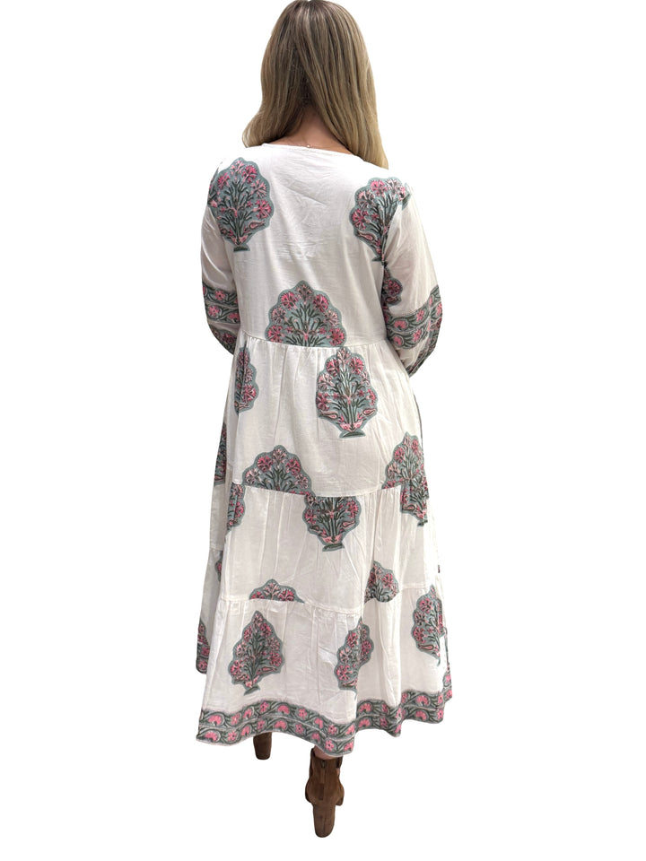 The Evie Long Length Hand Block Printed Dress in Aqua Pink and White — view 4