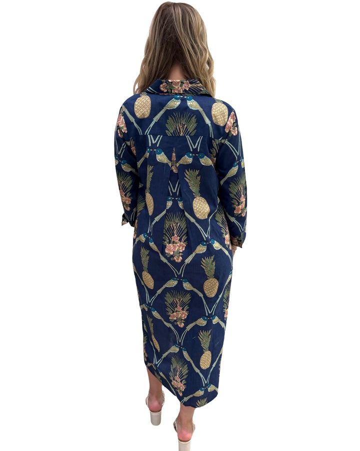The Holland Long Shirt Dress in Navy Pineapple Bird Print — view 3