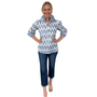The Maria Ruffle Neck Cotton Blouse in Blue and White Ikat