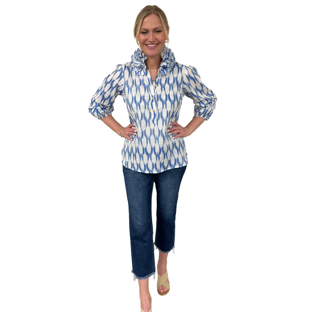 The Maria Ruffle Neck Cotton Blouse in Blue and White Ikat – Liza Byrd