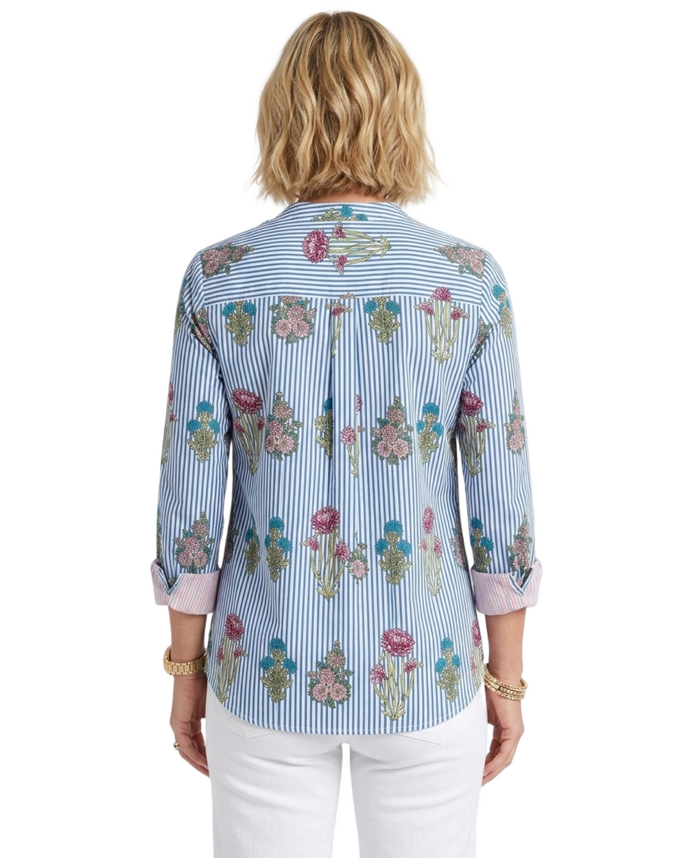 The Eloise Cotton Hand Block Printed Top in Blue Striped Floral — view 2