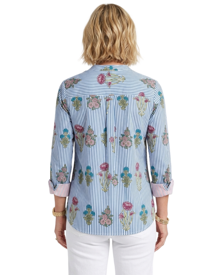 The Eloise Cotton Hand Block Printed Top in Blue Striped Floral — view 2