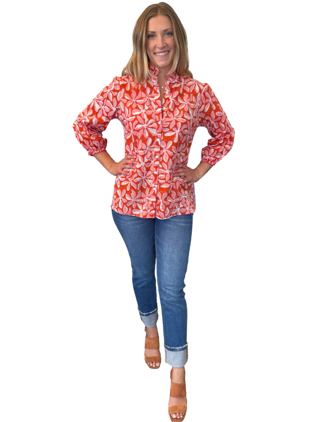 The Tricia Shirt in Red Pink Floral with Bead Detailing