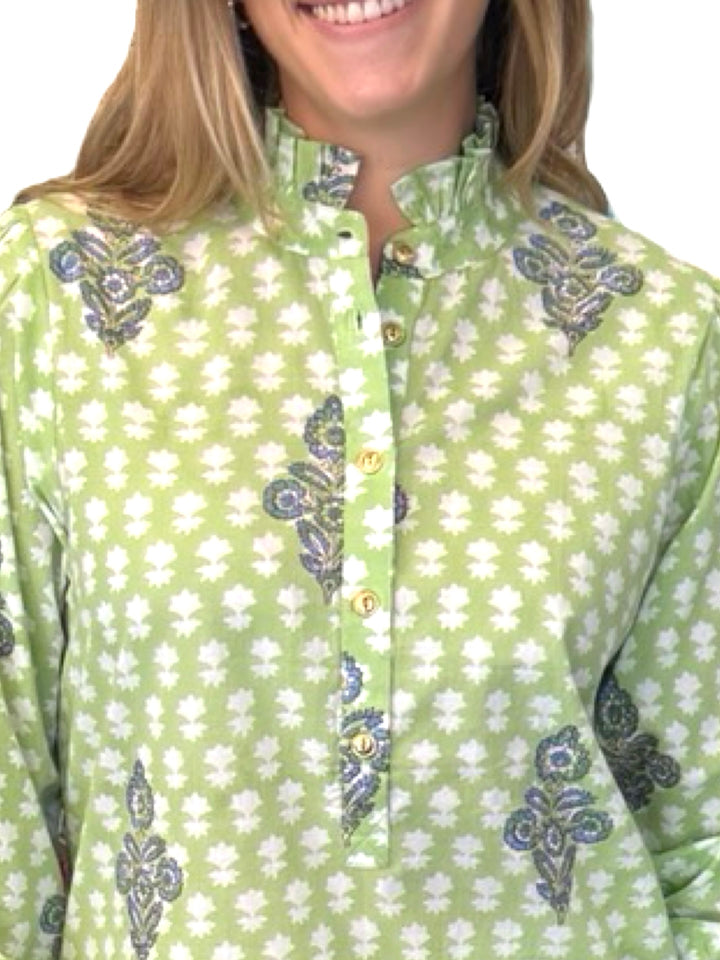 The Tricia Cotton Top in Light Green Hand Block Printed Cotton