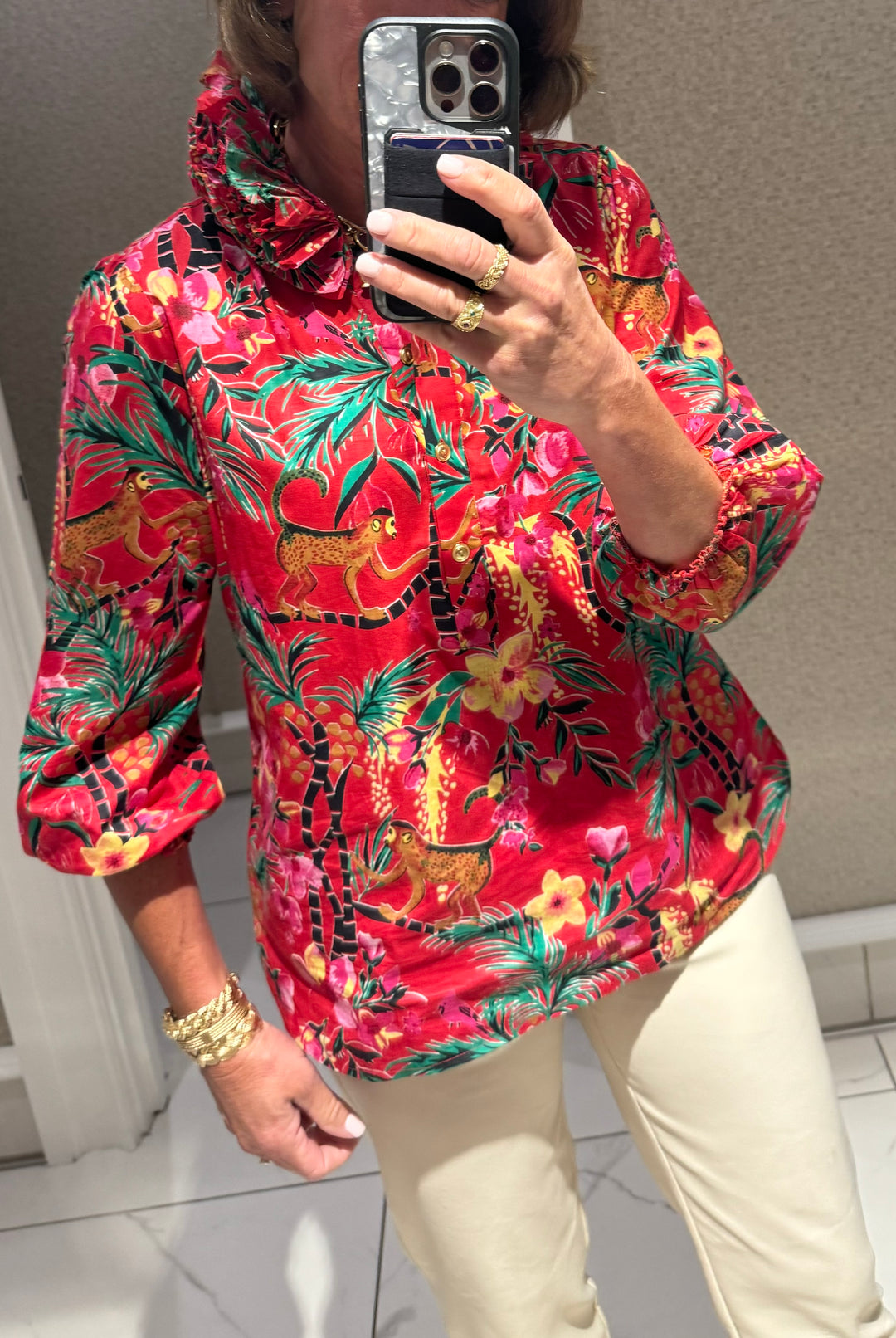 The Maria Ruffle Neck Blouse in Red Monkey Business Cotton — view 10