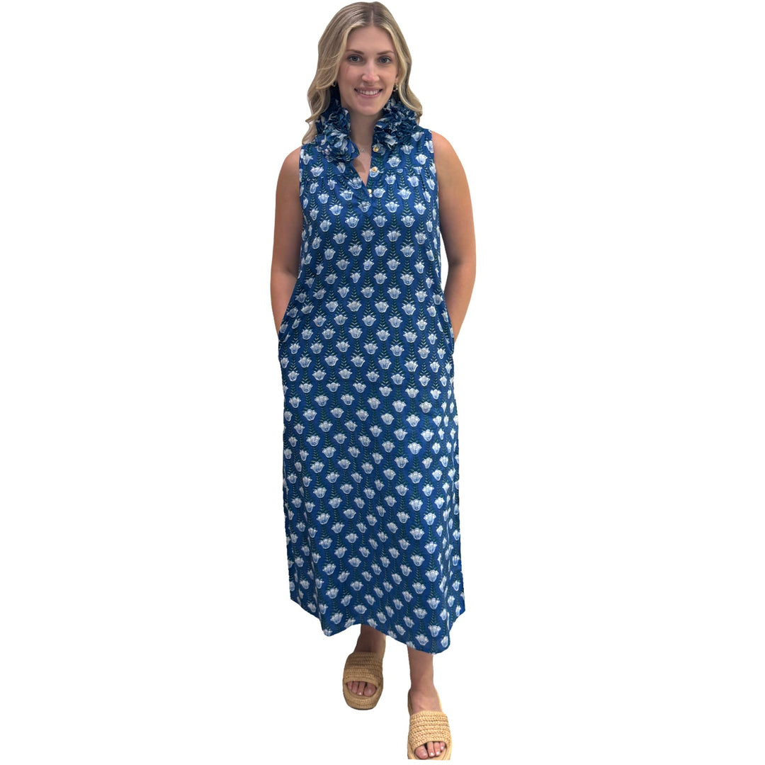 The Newport Ruffle Collar Long Dress in Blue Hand Blocked Floral — view 3